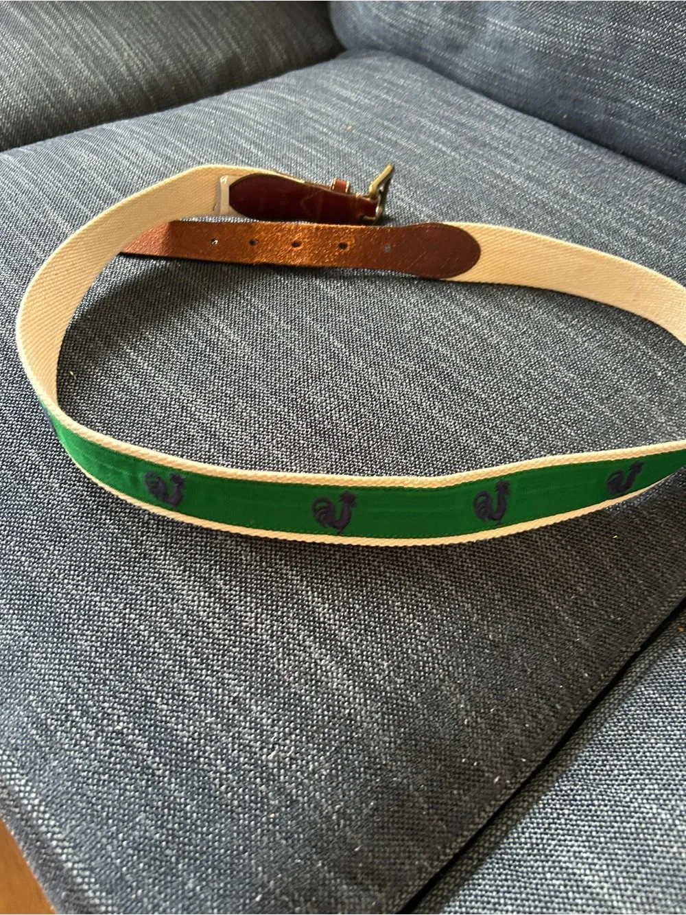 Vintage j crew Green Embroidered Web Belt with Leather Trim and Roosters! - Picture 2 of 6